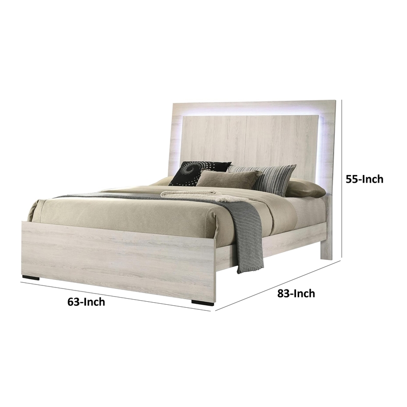Hyao Queen Size Bed w LED on Headboard-Antique White Wash Finsih