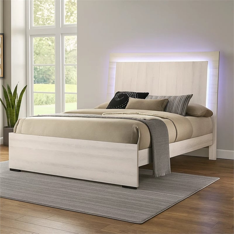 Hyao Queen Size Bed w LED on Headboard-Antique White Wash Finsih