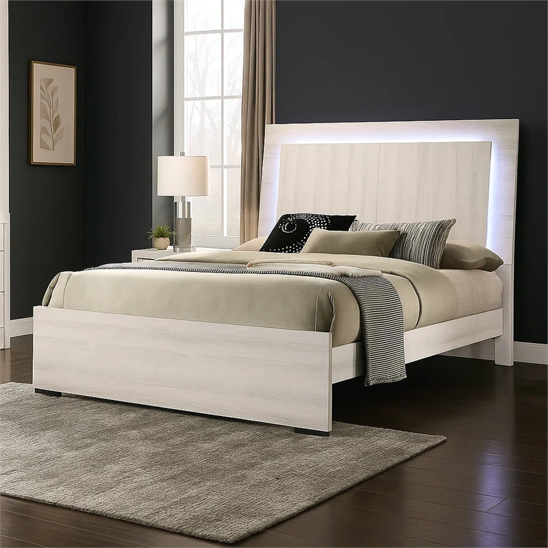 Hyao Queen Size Bed w LED on Headboard-Antique White Wash Finsih