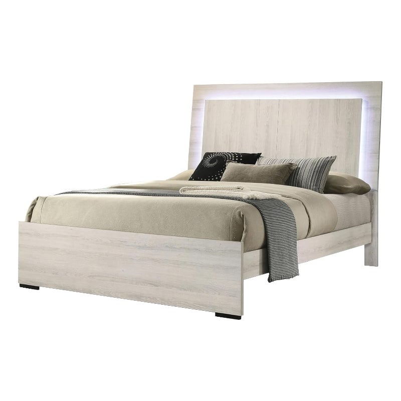 Hyao Queen Size Bed w LED on Headboard-Antique White Wash Finsih