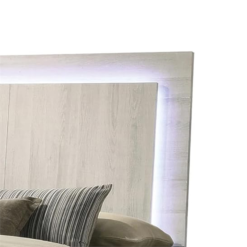 Hyao Queen Size Bed w LED on Headboard-Antique White Wash Finsih