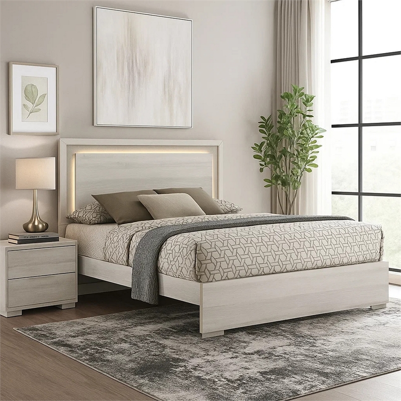 Nomi Queen Size Bed w LED on Headboard-Antique White Wash Finsih