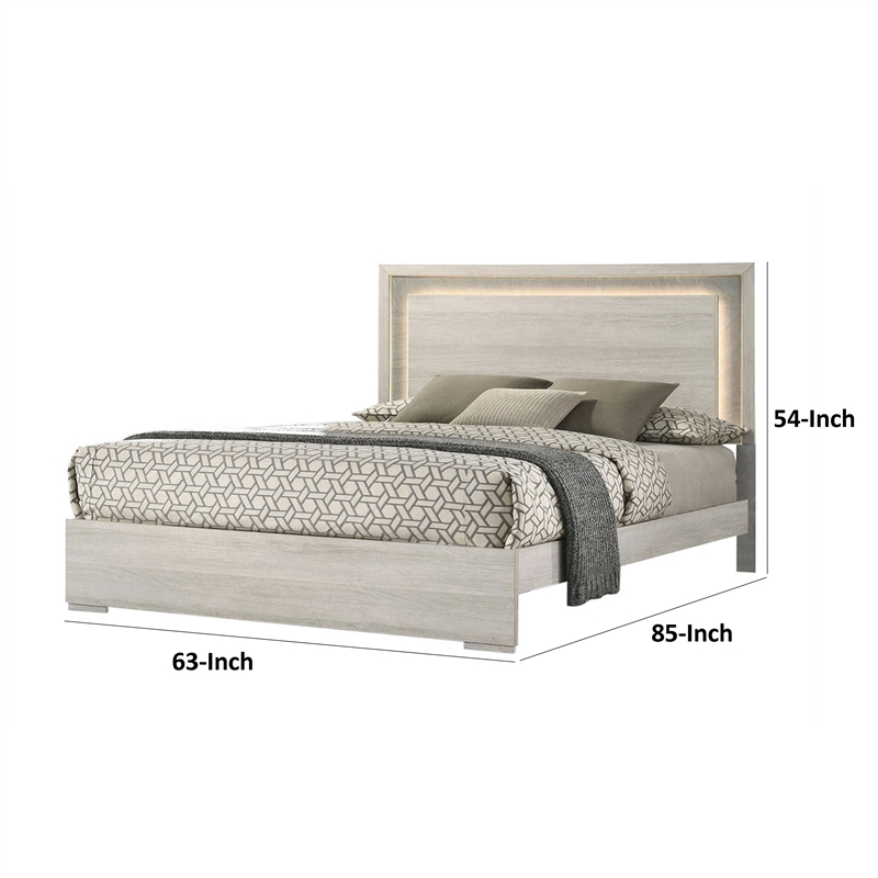 Nomi Queen Size Bed w LED on Headboard-Antique White Wash Finsih