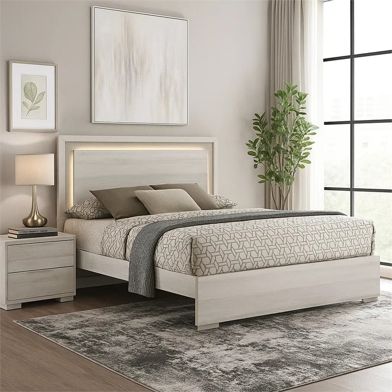 Nomi Queen Size Bed w LED on Headboard-Antique White Wash Finsih