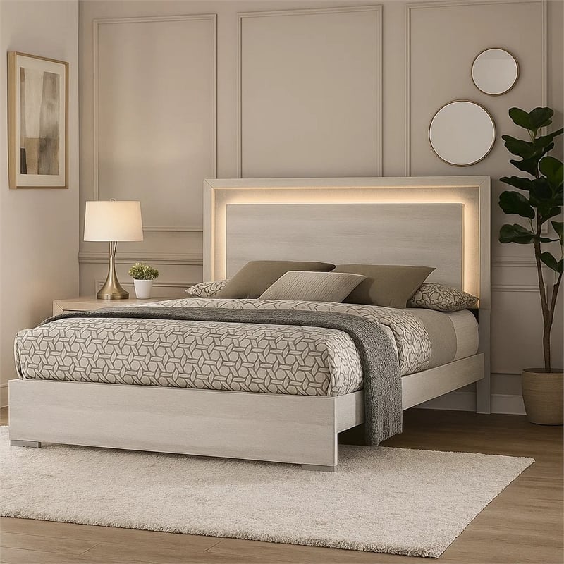 Nomi Queen Size Bed w LED on Headboard-Antique White Wash Finsih