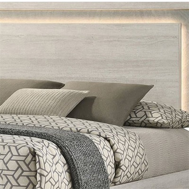Nomi Queen Size Bed w LED on Headboard-Antique White Wash Finsih