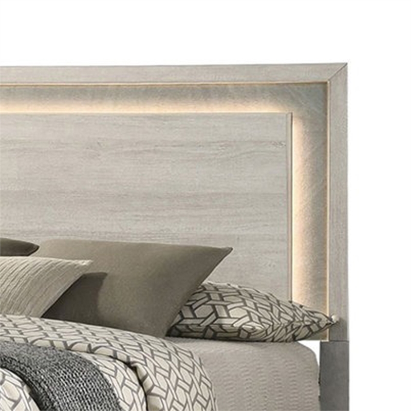 Nomi Queen Size Bed w LED on Headboard-Antique White Wash Finsih