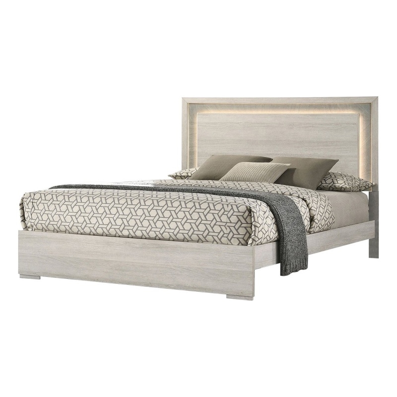 Nomi Queen Size Bed w LED on Headboard-Antique White Wash Finsih
