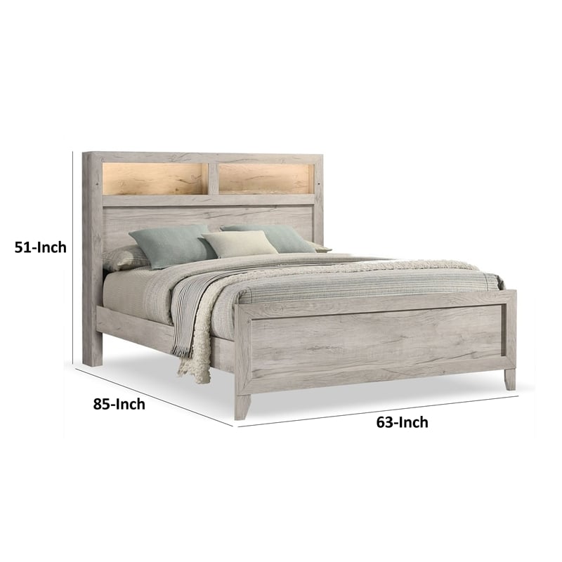 Miot Queen Size Bed w Headboard Shelves-Weathered White Wash Tone