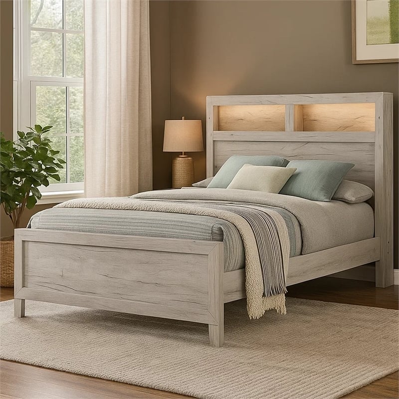 Miot Queen Size Bed w Headboard Shelves-Weathered White Wash Tone