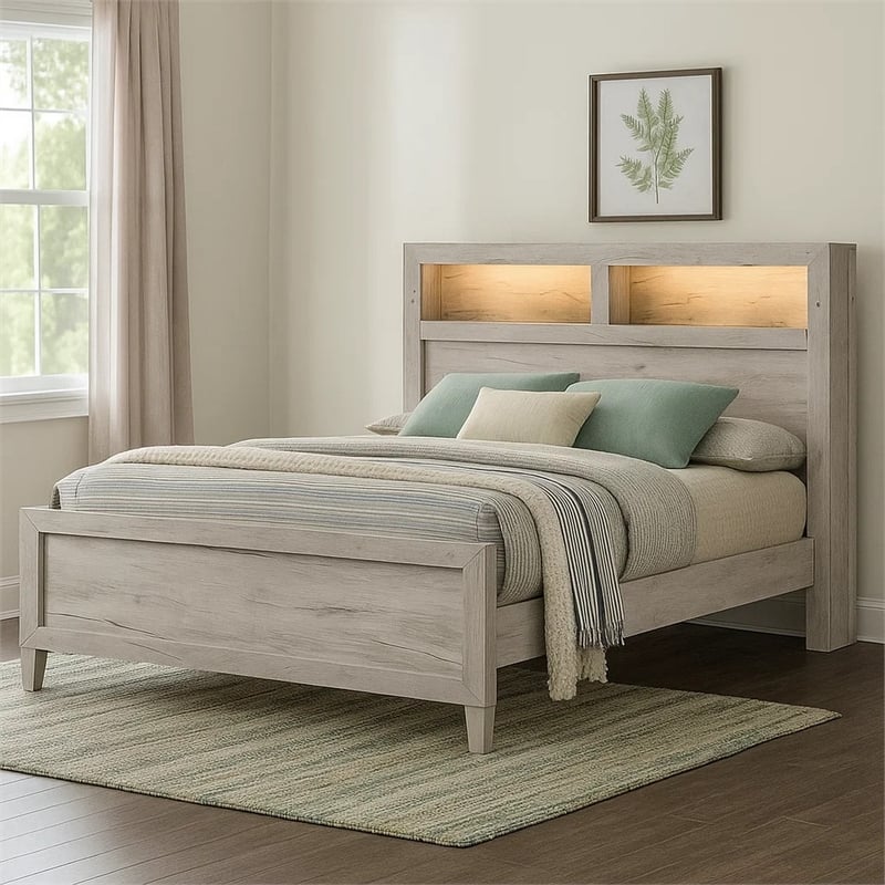 Miot Queen Size Bed w Headboard Shelves-Weathered White Wash Tone