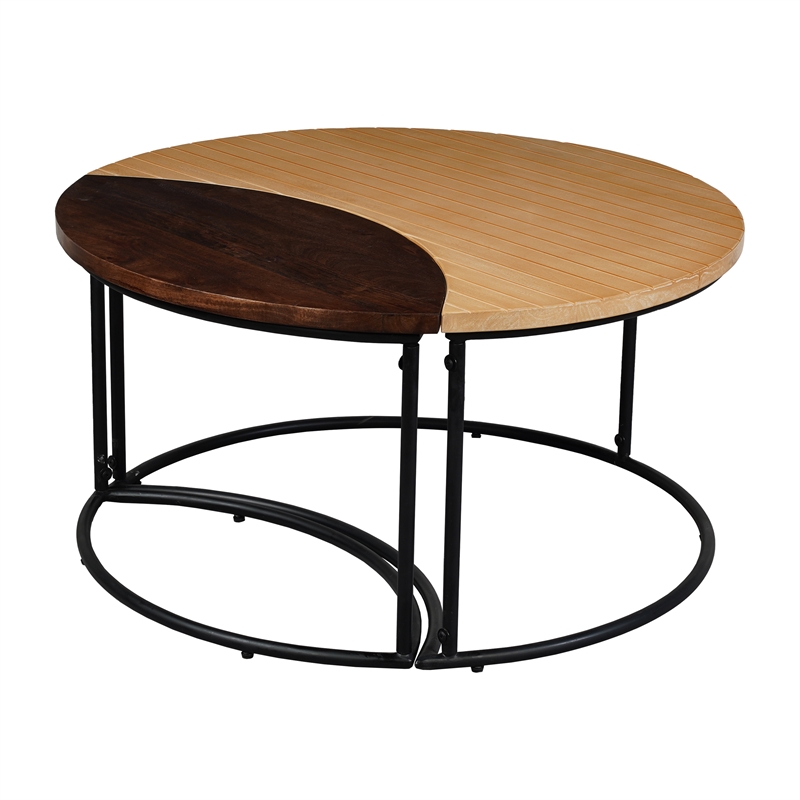 35 Inch 2 Piece Coffee Table - 2 Tone Mango Wood Top In Natural Brown and Walnut