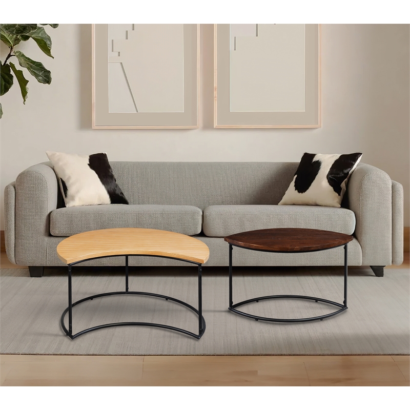 35 Inch 2 Piece Coffee Table - 2 Tone Mango Wood Top In Natural Brown and Walnut