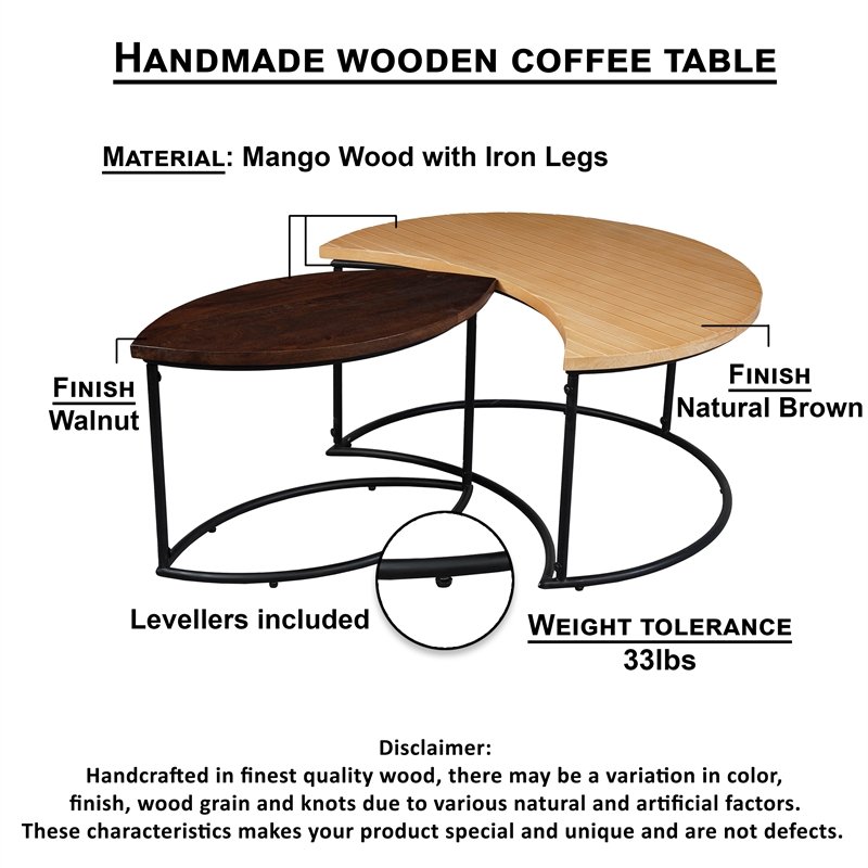 35 Inch 2 Piece Coffee Table - 2 Tone Mango Wood Top In Natural Brown and Walnut