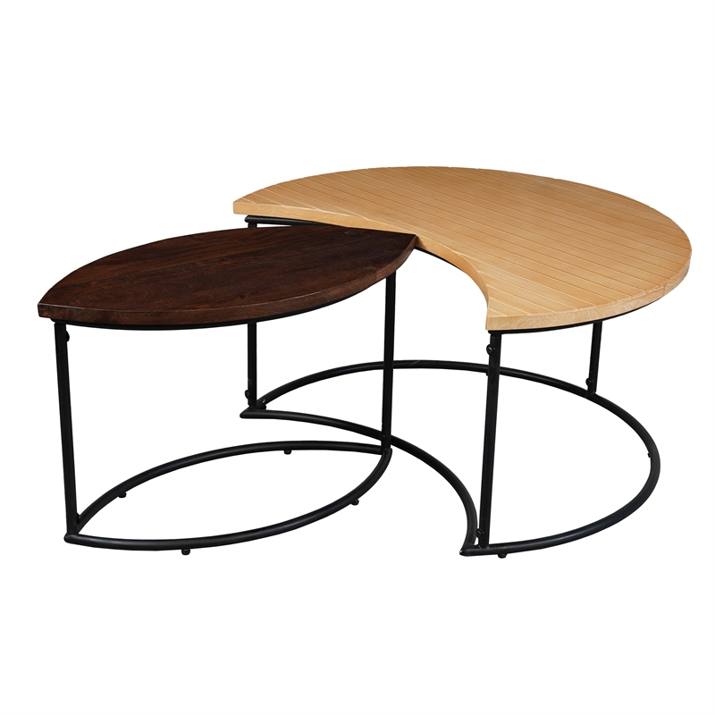 35 Inch 2 Piece Coffee Table - 2 Tone Mango Wood Top In Natural Brown and Walnut