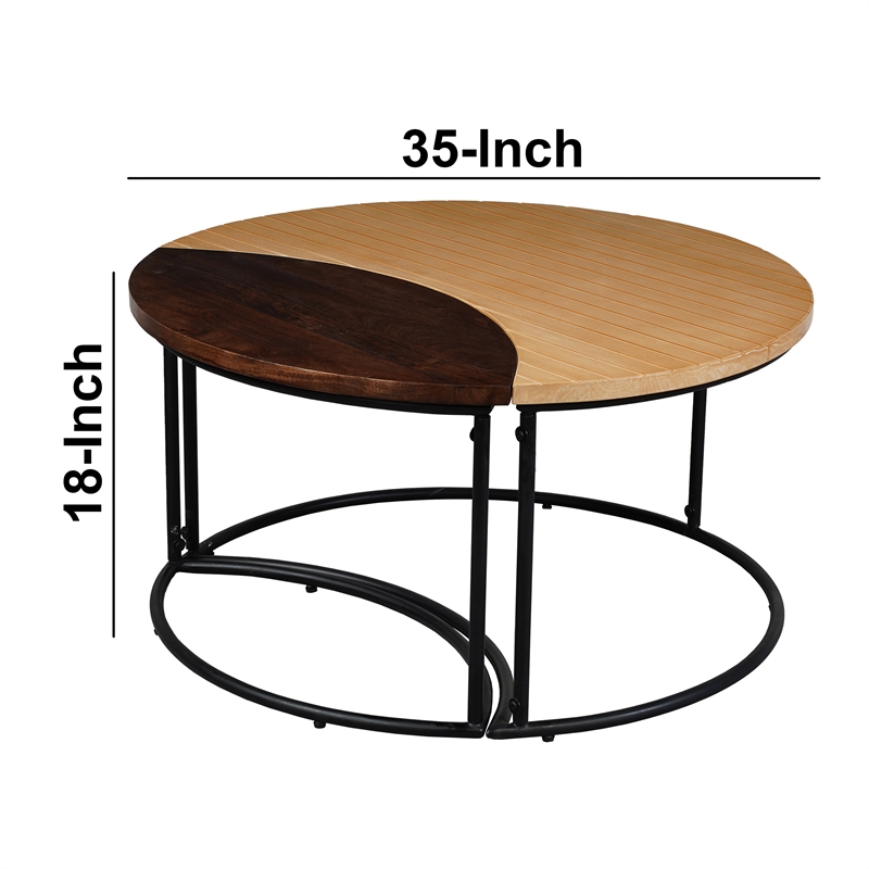 35 Inch 2 Piece Coffee Table - 2 Tone Mango Wood Top In Natural Brown and Walnut