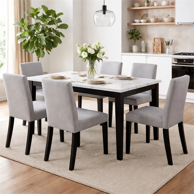 Pazy Dining Table-64 Inch White Faux Marble Top-Black Tapered Legs