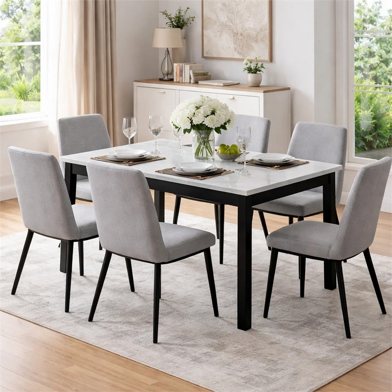 Pazy Dining Table-64 Inch White Faux Marble Top-Black Tapered Legs