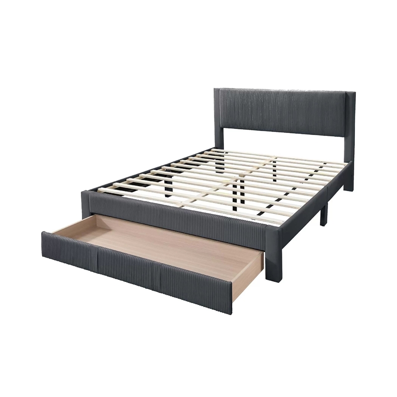 Daisy Full Bed w Drawer-Dark Gray Corduroy Upholstery-Foam Headboard