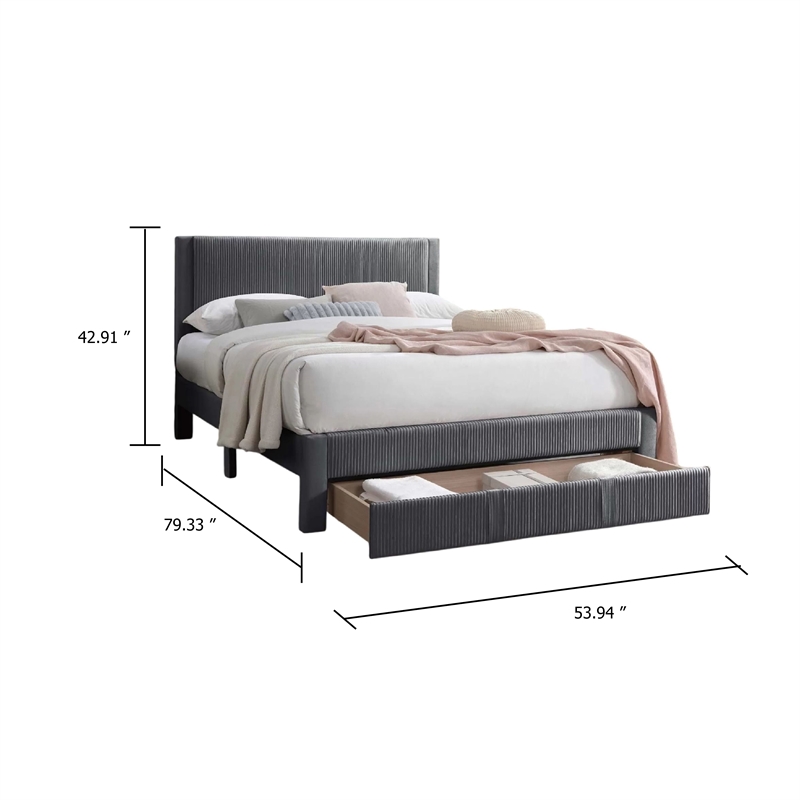 Daisy Full Bed w Drawer-Dark Gray Corduroy Upholstery-Foam Headboard