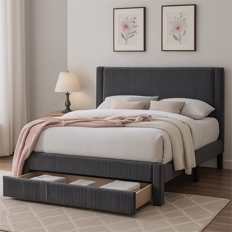 Daisy Full Bed w Drawer-Dark Gray Corduroy Upholstery-Foam Headboard