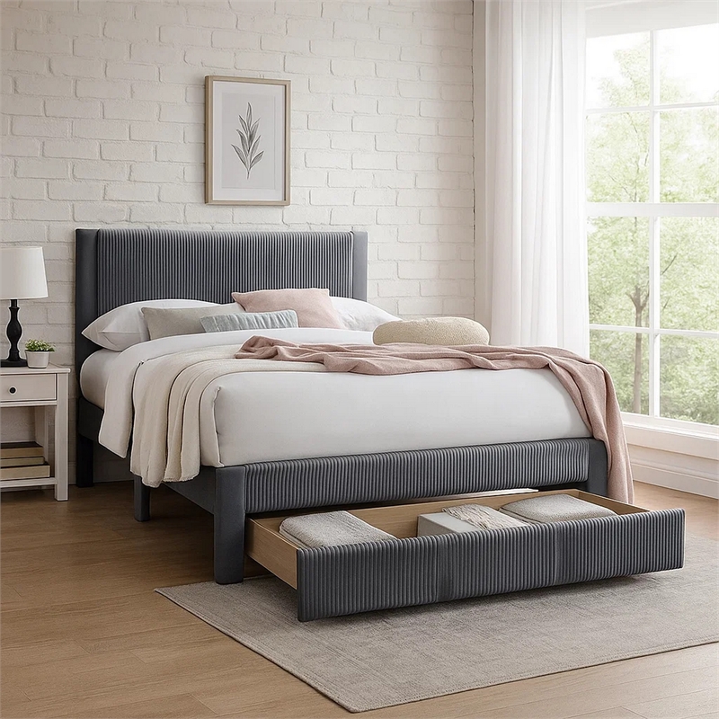 Daisy Full Bed w Drawer-Dark Gray Corduroy Upholstery-Foam Headboard