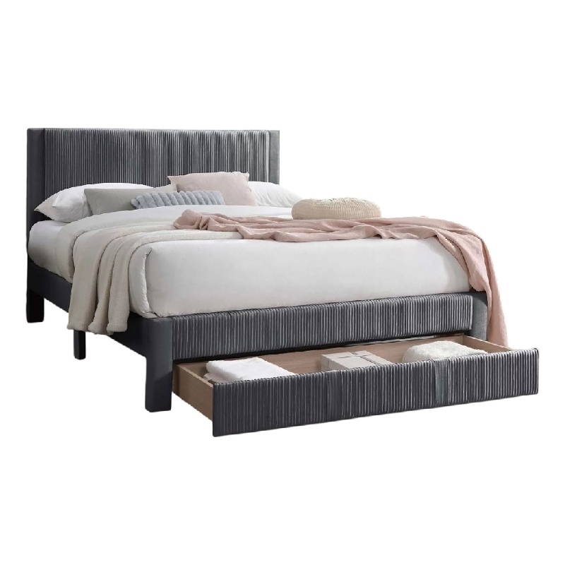 Daisy Full Bed w Drawer-Dark Gray Corduroy Upholstery-Foam Headboard