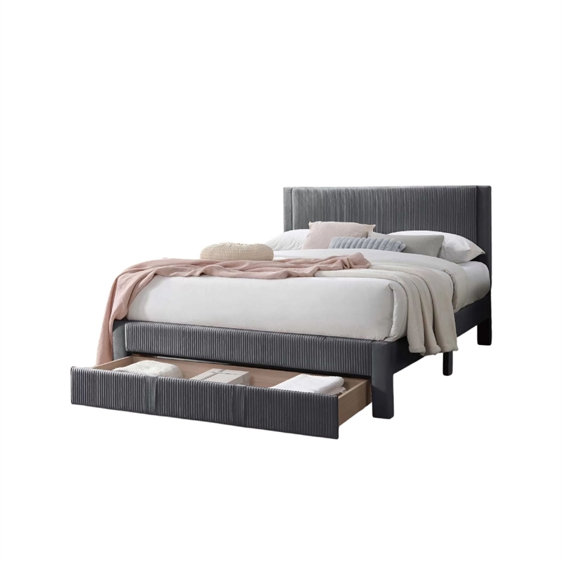 Daisy Full Bed w Drawer-Dark Gray Corduroy Upholstery-Foam Headboard