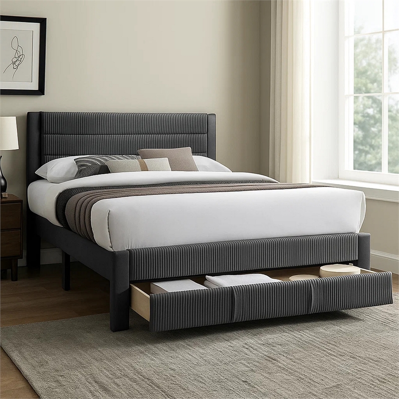 Daisy Full Bed w Drawer-Charcoal Gray Corduroy Upholstery-Foam