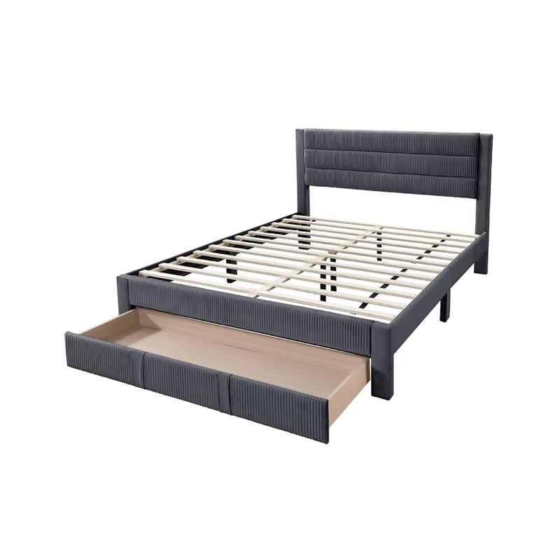Daisy Full Bed w Drawer-Charcoal Gray Corduroy Upholstery-Foam