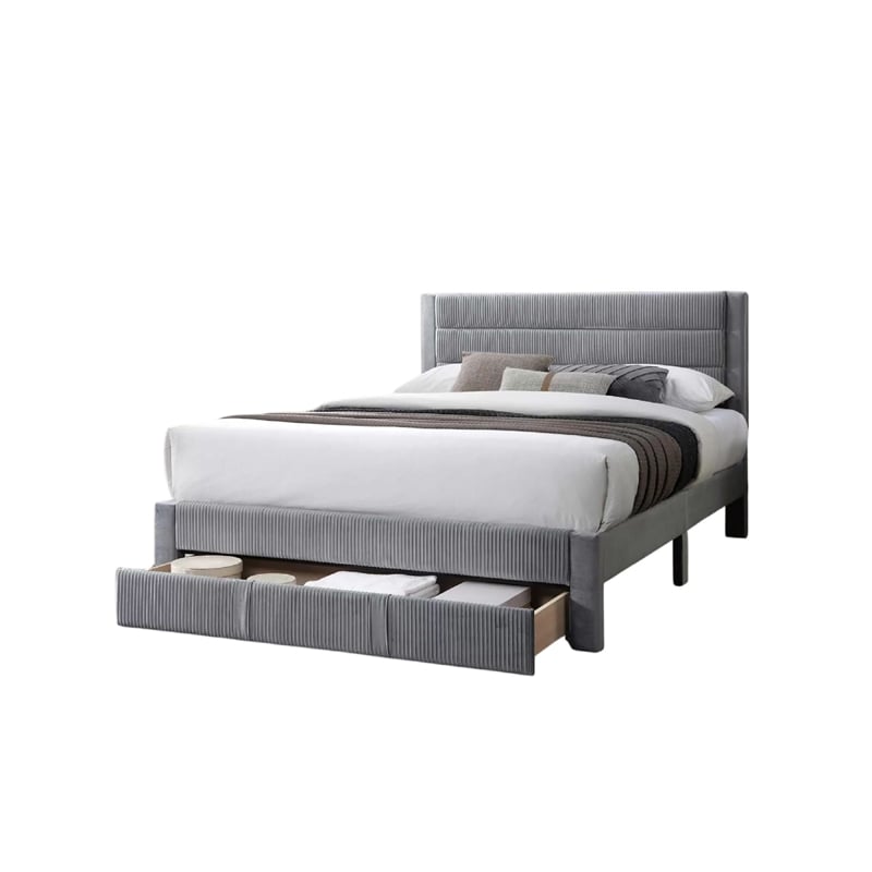 Daisy Full Bed w Drawer-Light Gray Corduroy Upholstery-Foam Headboard
