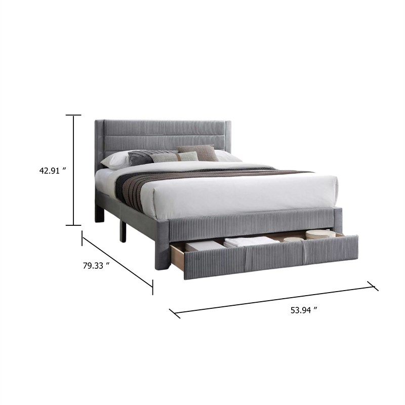 Daisy Full Bed w Drawer-Light Gray Corduroy Upholstery-Foam Headboard