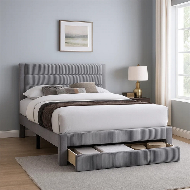 Daisy Full Bed w Drawer-Light Gray Corduroy Upholstery-Foam Headboard