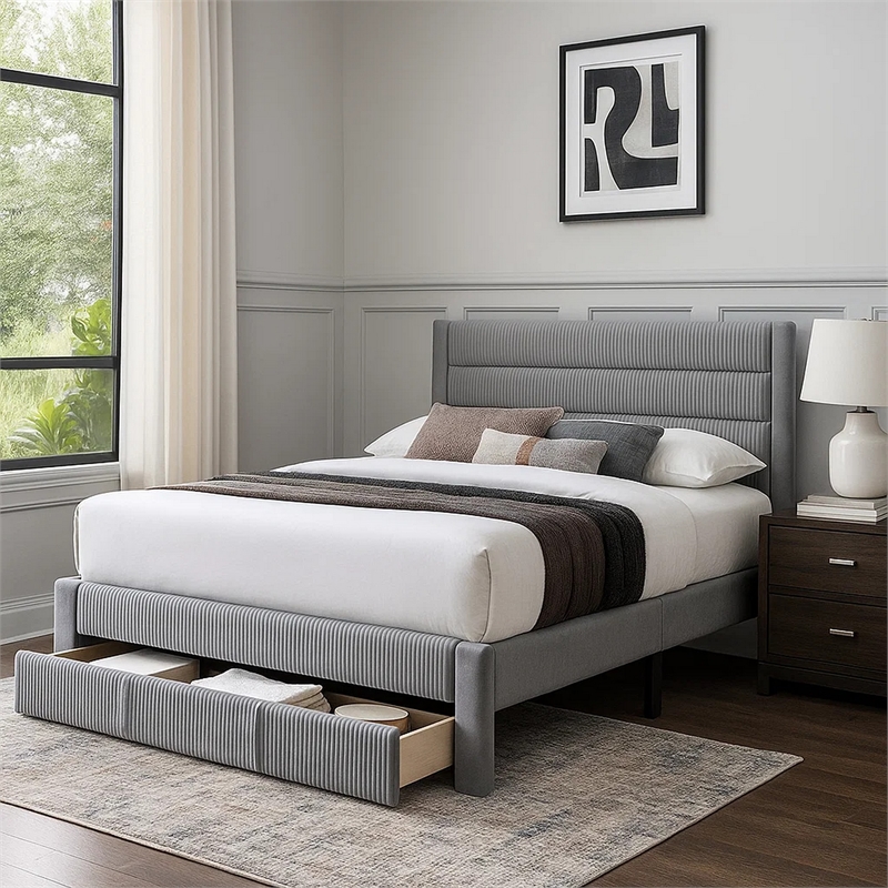 Daisy Full Bed w Drawer-Light Gray Corduroy Upholstery-Foam Headboard
