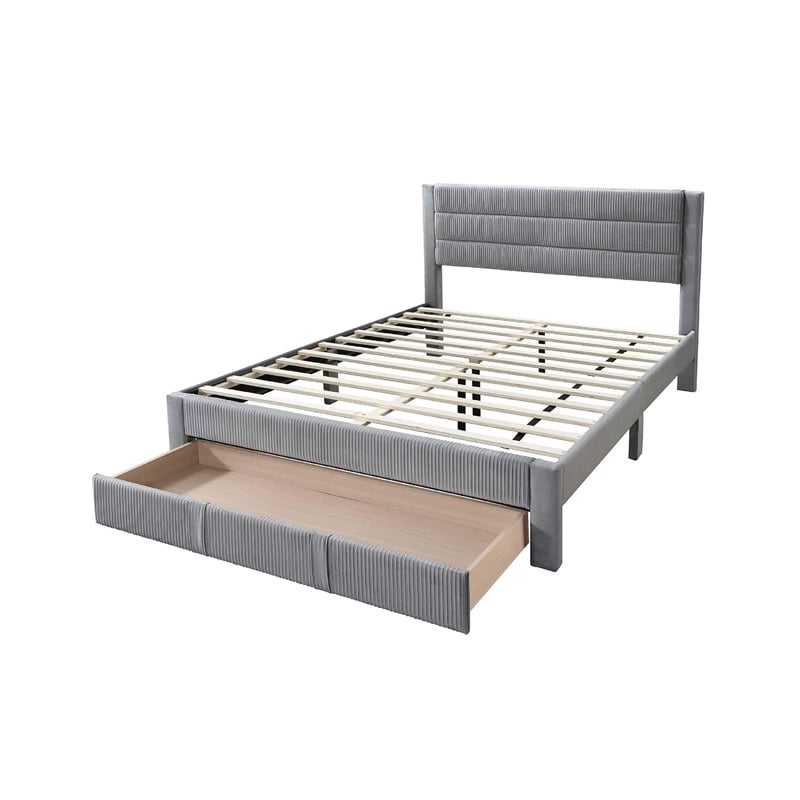 Daisy Full Bed w Drawer-Light Gray Corduroy Upholstery-Foam Headboard