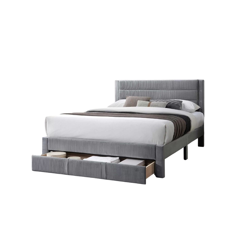 Daisy Full Bed w Drawer-Light Gray Corduroy Upholstery-Foam Headboard
