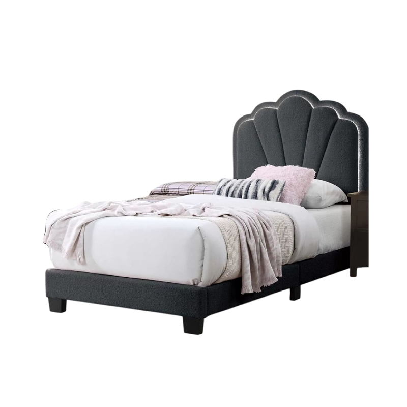 Roxy Twin Bed-Charcoal Gray Wool-LED Lighting-Padded Headboard