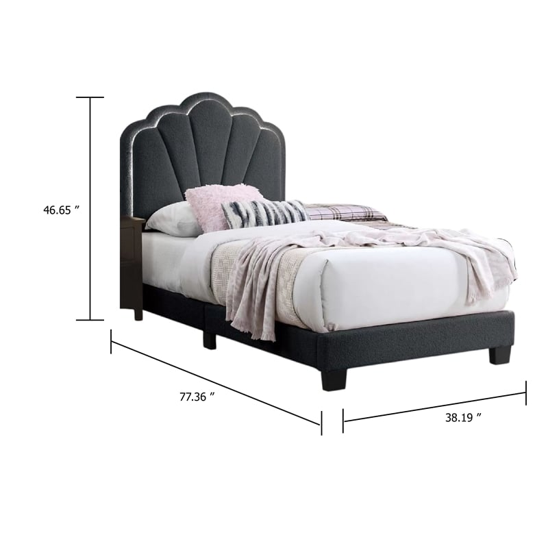 Roxy Twin Bed-Charcoal Gray Wool-LED Lighting-Padded Headboard