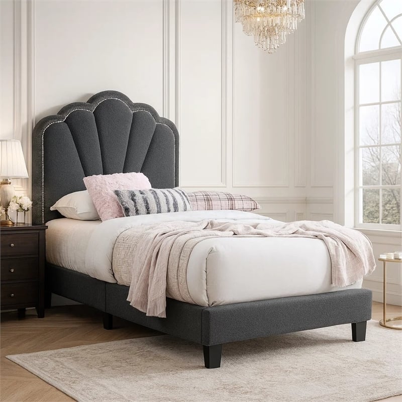 Roxy Twin Bed-Charcoal Gray Wool-LED Lighting-Padded Headboard