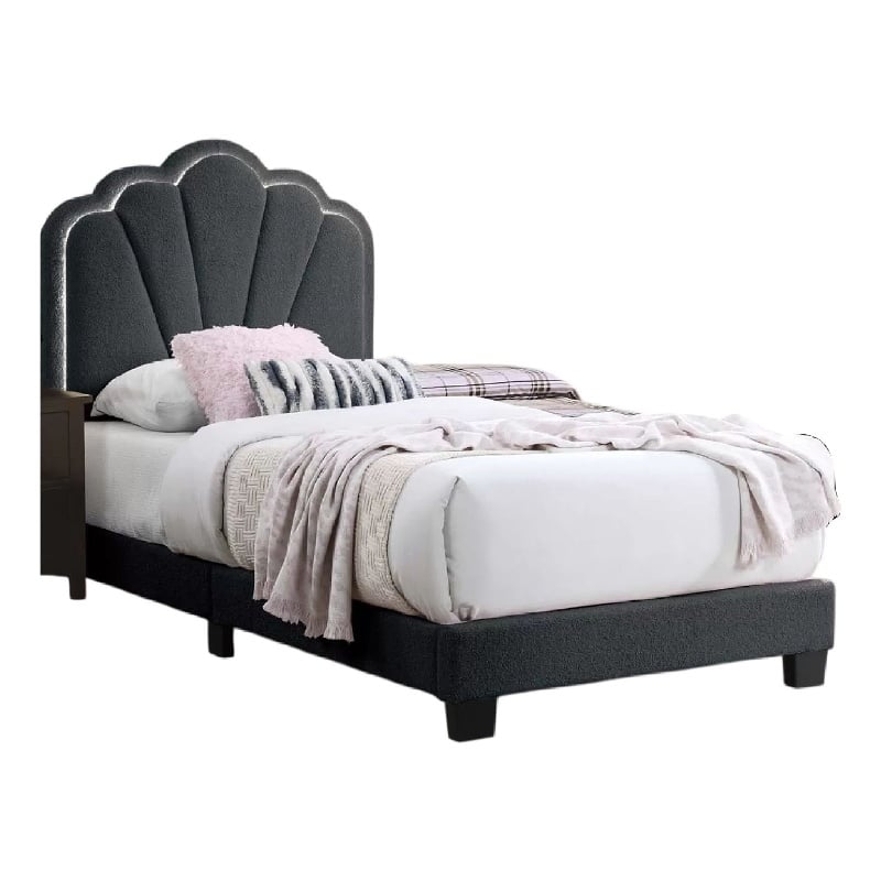 Roxy Twin Bed-Charcoal Gray Wool-LED Lighting-Padded Headboard