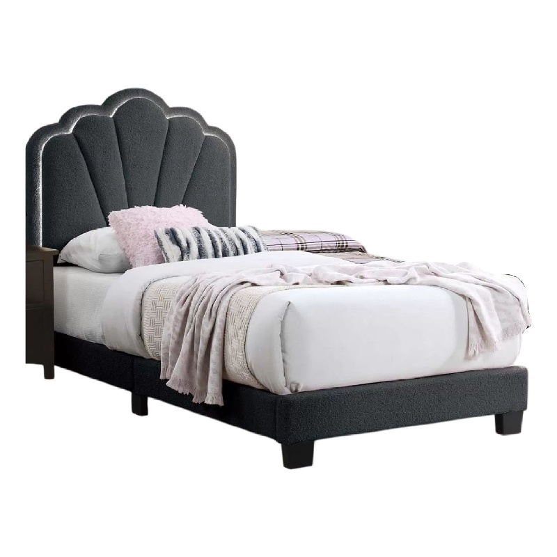 Roxy Twin Bed-Charcoal Gray Wool-LED Lighting-Padded Headboard