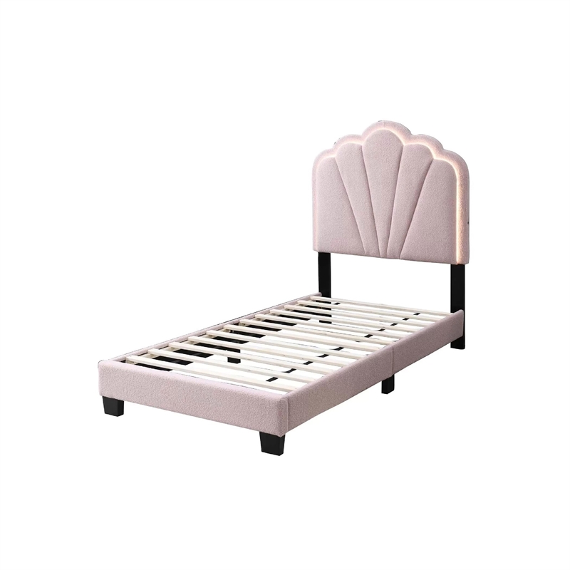 Roxy Twin Bed-Pink Wool Upholstery-LED Lighting-Padded Headboard