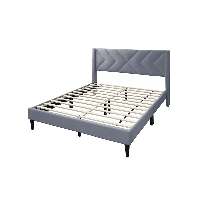 Niasa Full Size Bed-Chevron Tufted Gray Velvet Upholstered Foam