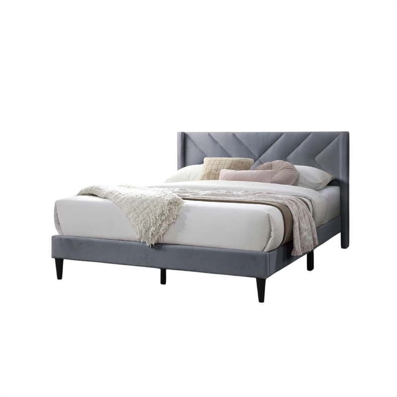 Niasa Full Size Bed-Chevron Tufted Gray Velvet Upholstered Foam