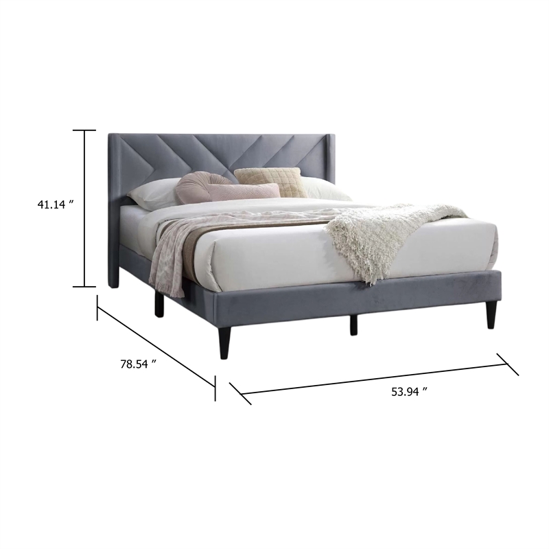 Niasa Full Size Bed-Chevron Tufted Gray Velvet Upholstered Foam