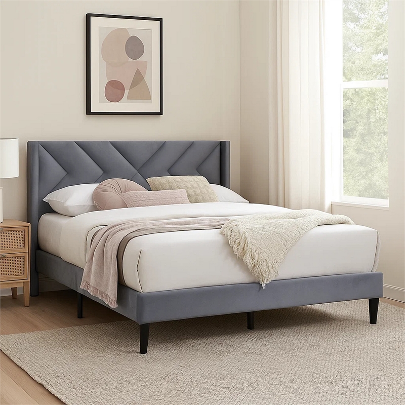 Niasa Full Size Bed-Chevron Tufted Gray Velvet Upholstered Foam