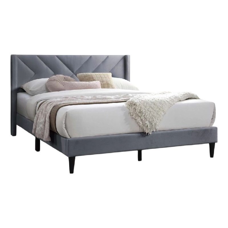 Niasa Full Size Bed-Chevron Tufted Gray Velvet Upholstered Foam