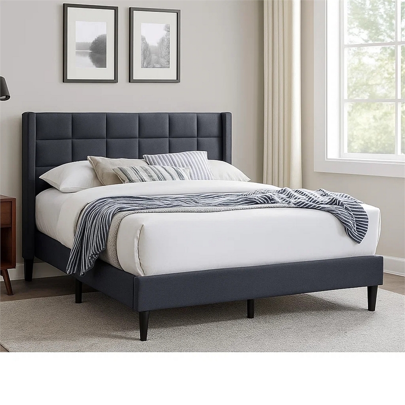 Zensa Full Bed-Charcoal Gray Linen Upholstery-Padded Wing Headboard