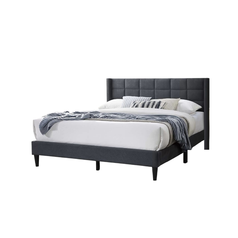 Zensa Full Bed-Charcoal Gray Linen Upholstery-Padded Wing Headboard