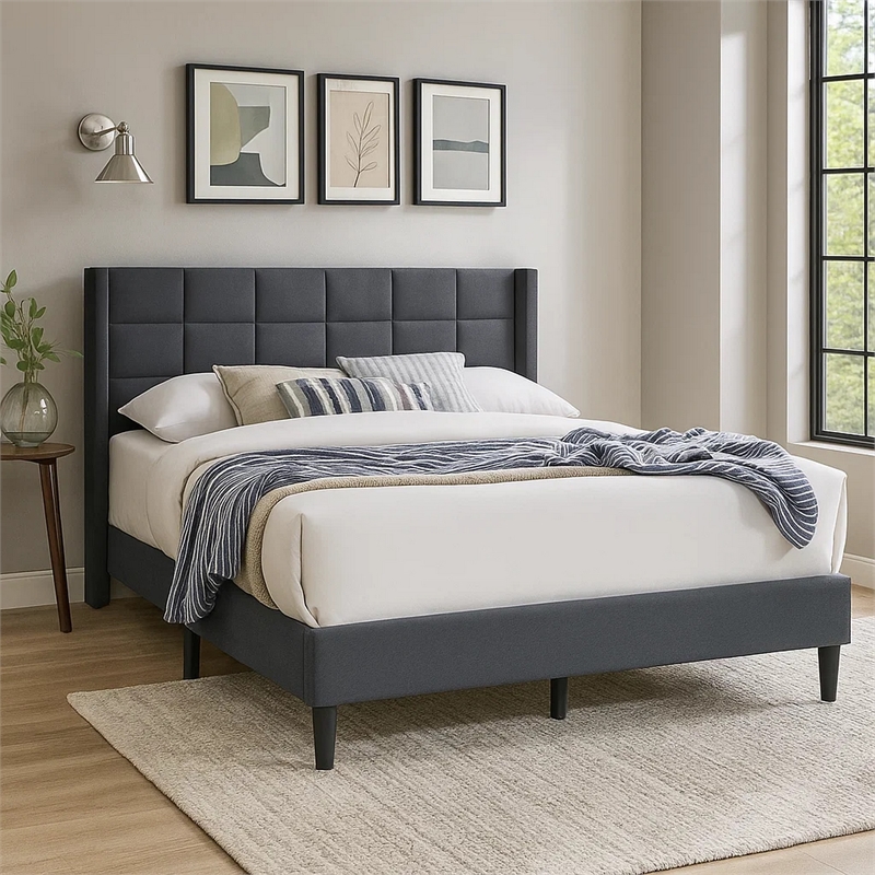 Zensa Full Bed-Charcoal Gray Linen Upholstery-Padded Wing Headboard